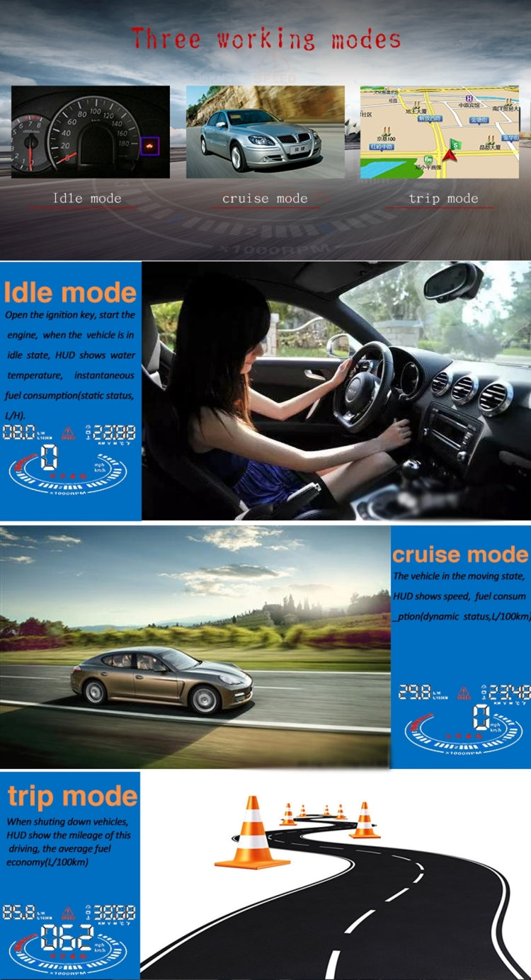 E300 5.5 inch Car OBDII / EUOBD HUD Vehicle-mounted Head Up Display Security System, Support Speed & Fuel Consumption, Overspeed Alarm,  Fuel Consumption, Water Temperature, etc.