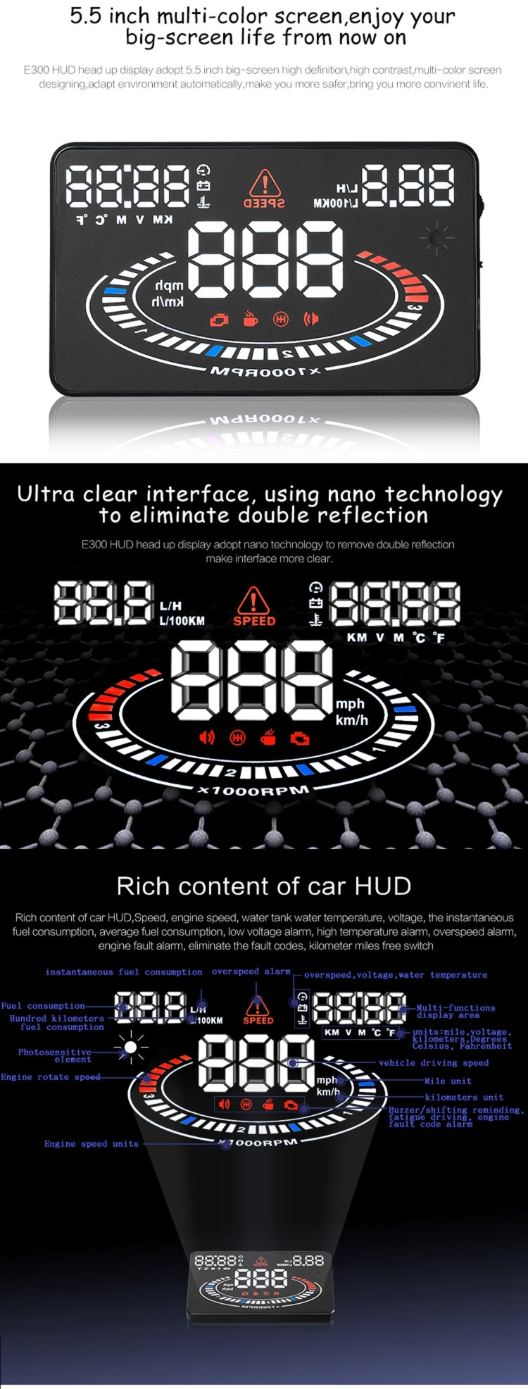 E300 5.5 inch Car OBDII / EUOBD HUD Vehicle-mounted Head Up Display Security System, Support Speed & Fuel Consumption, Overspeed Alarm,  Fuel Consumption, Water Temperature, etc.