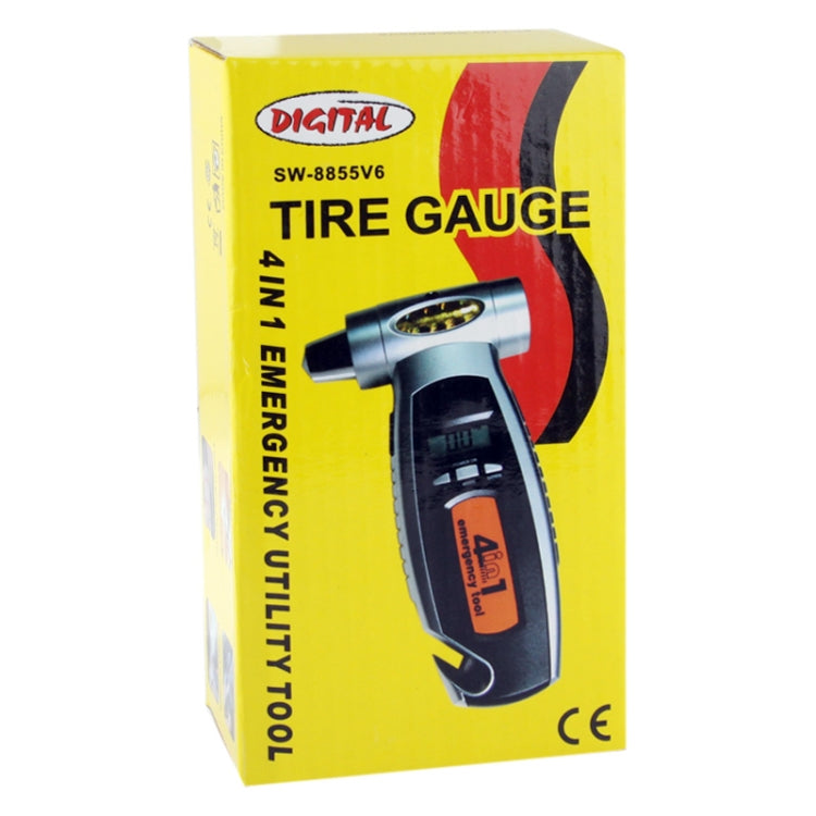 4 in 1 (Digital Tire Gauge + Flashlight + Emergency Hammer + Emergency Seat Belt Cutter) Emergency Utility Tool