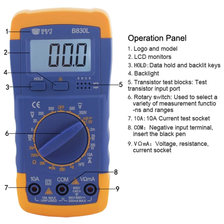 BEST BST- B830L 9V LCD Screen Display Digital Multimeter