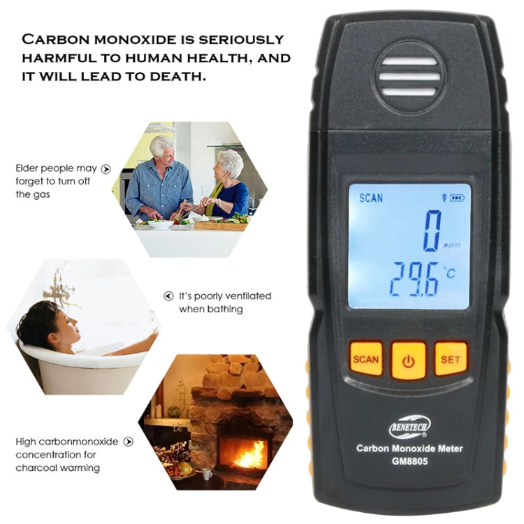 BENETECH GM8805 LCD Display Handheld Carbon Monoxide CO Monitor Detector Meter Tester, Measure Range: 0-1000ppm