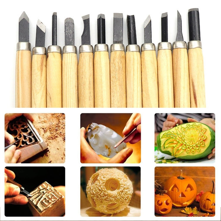 12 PCS / Set Assorted Wood Carving Tools Set with Stainless Steel Blade and Wood Handle