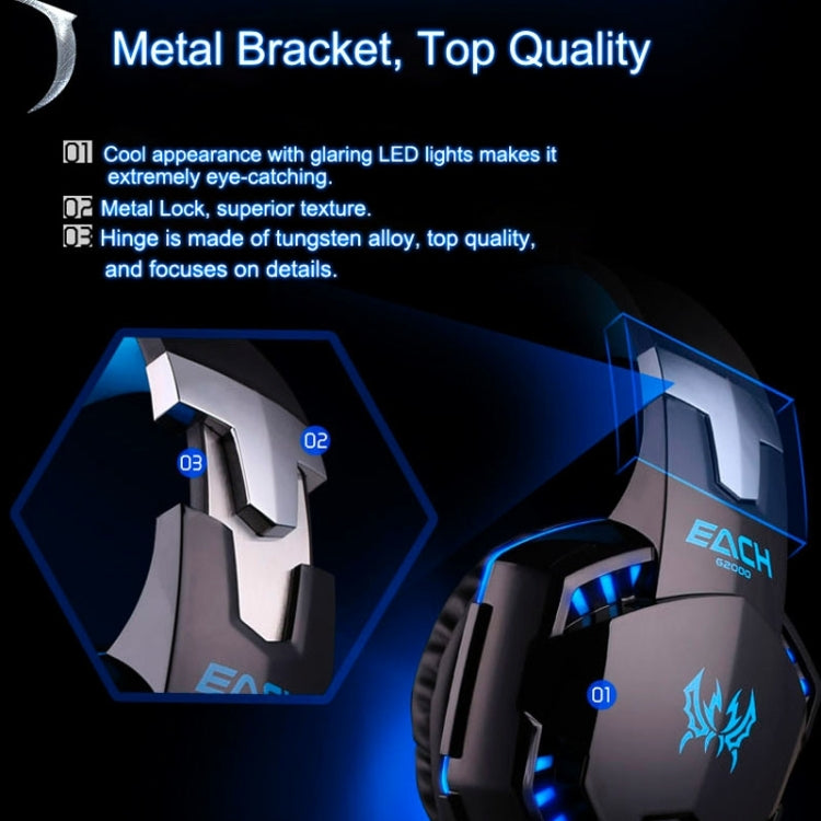 EACH G2000 Over-ear Stereo Bass Gaming Headset with Mic & LED Light for Computer, Cable Length: 2.2m