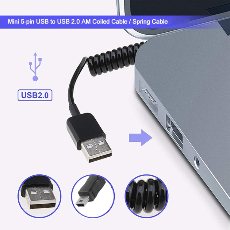Mini 5-pin USB to USB 2.0 AM Coiled Cable / Spring Cable, Length: 25cm (can be extended up to 80cm)