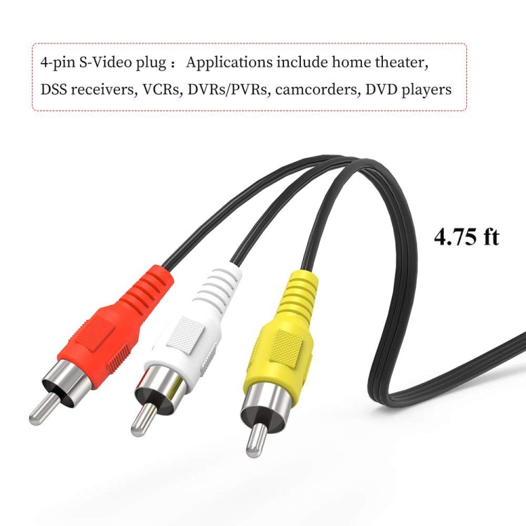 4 Pin S-Video to 3 RCA AV TV Male Cable Converter Adapter, Length: 1.5M
