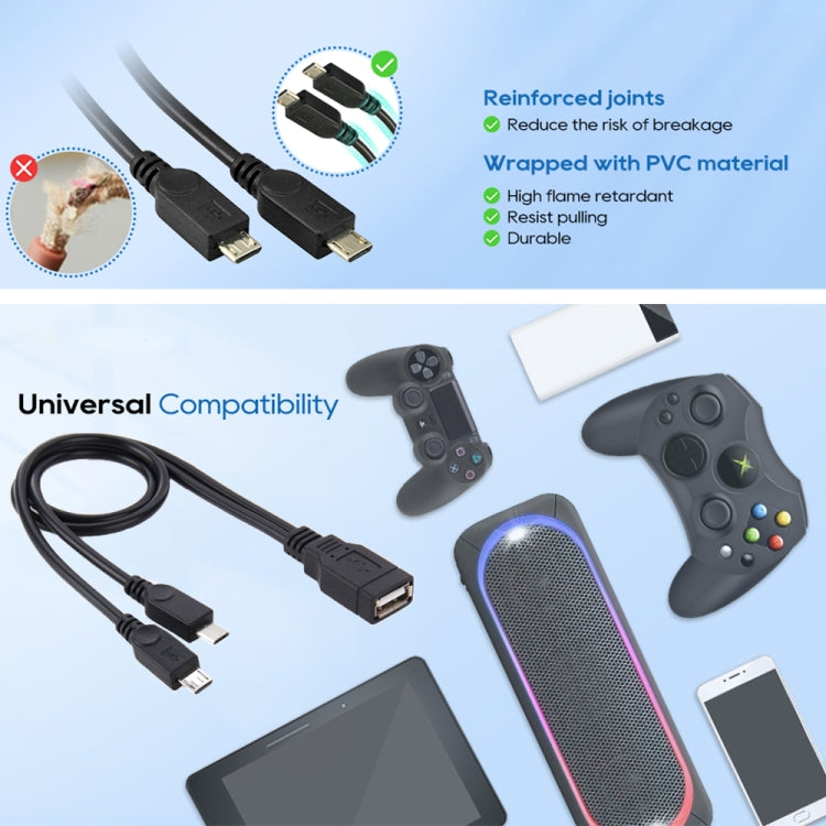 USB 2.0 Female to 2 Micro USB Male Cable, Length: About 30cm