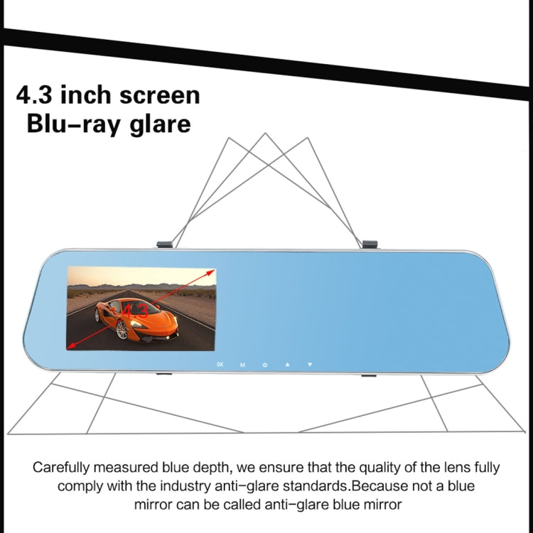 Full HD 1080P 4.3 inch Screen Display Dual Camera Vehicle DVR, 140 Degree Wide Angle Viewing, Support Night Vision / Parking Monitoring / Loop Recording / Motion Detection / G-Sensor / TF Card