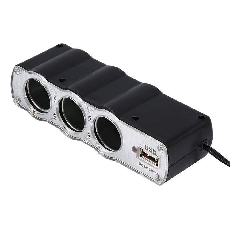 WF-0120 12V / 24V 3 Way Triple Sockets USB Car Cigarette Lighter Socket Splitter Charger
