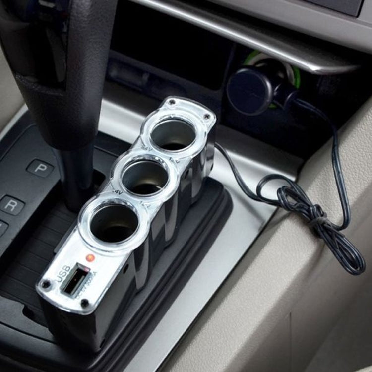 WF-0120 12V / 24V 3 Way Triple Sockets USB Car Cigarette Lighter Socket Splitter Charger