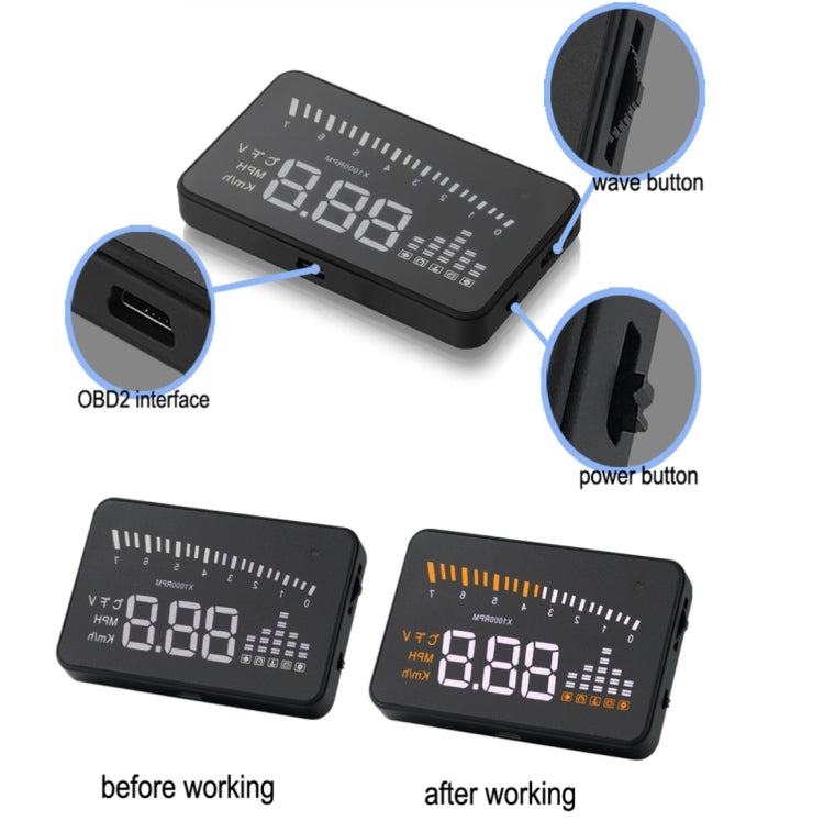 X5 HUD 3 inch Universal Multi Car Head Up Display with OBDII EOBD System, Light Sensors, Rotation Speed, Rotation Speed Unit, Unit Mark, Voltage, Water Temperature, Alarm mark