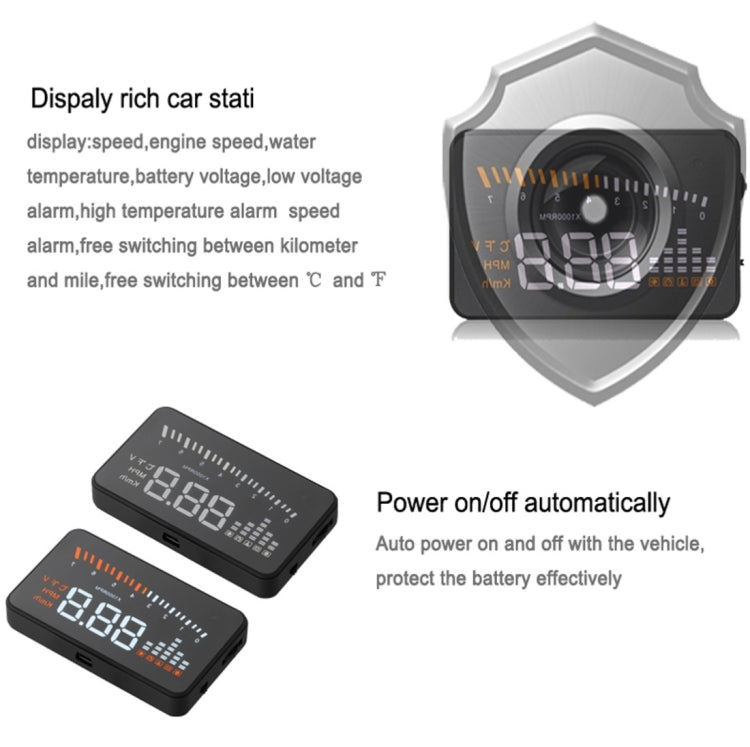 X5 HUD 3 inch Universal Multi Car Head Up Display with OBDII EOBD System, Light Sensors, Rotation Speed, Rotation Speed Unit, Unit Mark, Voltage, Water Temperature, Alarm mark