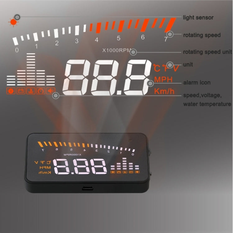 X5 HUD 3 inch Universal Multi Car Head Up Display with OBDII EOBD System, Light Sensors, Rotation Speed, Rotation Speed Unit, Unit Mark, Voltage, Water Temperature, Alarm mark