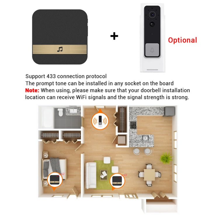 B10 52 Chimes 110dB Doorbell Receiver Low Power Consumption Home Door Tools, US Plug, AC 90-260V