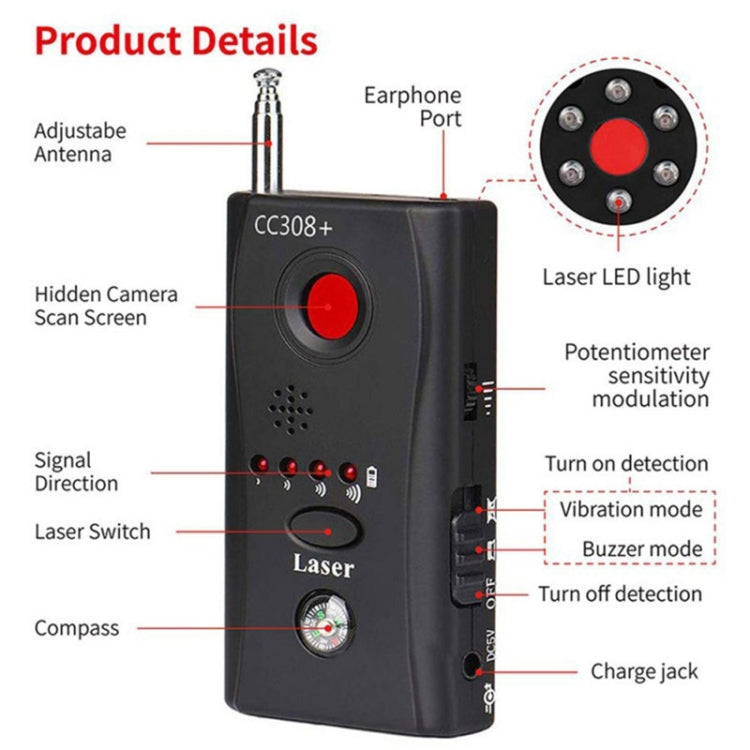 CC308+ Multi-Detector Full-Range All-Round Detector For Hidden Mini Camera / IP Lens/ GMS / RF Signal Detector Finder