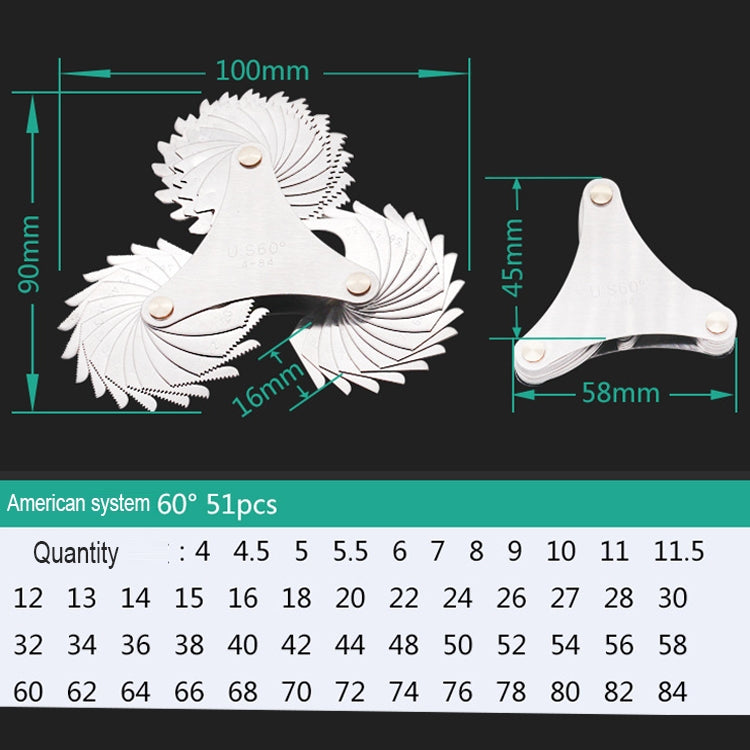 51 PCS US Screw Pitch Thread Blades 60 Degrees CR Stainless Steel Thread Gauge