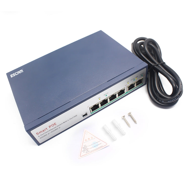 ESCAM POE 4+2 6-Port Fast Ethernet Switch 4-Port POE 10/100M 120W Network Switch, Transmission Distance: 150m