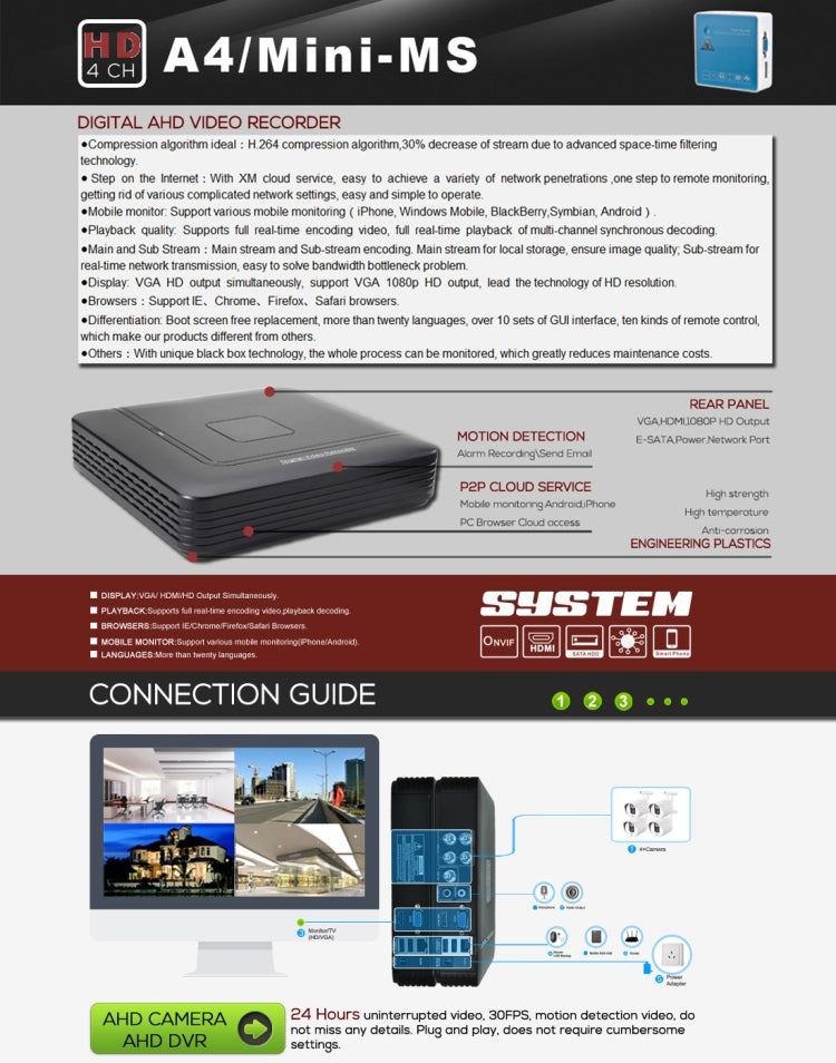 A4/Mini-MS 5 in 1 4-Channel Dual Stream H.264 1080N Mini AHD DVR, Support AHD / TVI / CVI / CVBS / IP Signal