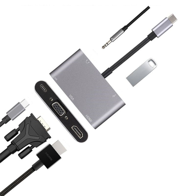 5 in 1 Type-C To HDMI + VGA + USB 3.0 + Audio Port + PD Port HUB Adapter