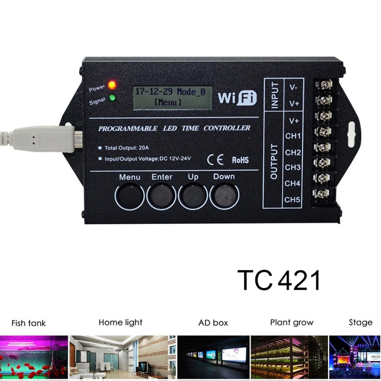 TC421 20A WiFi Programmable 5CH RGB LED Time Controller for Aquarium, Fish Tank, Plant Growth, DC 12-24V