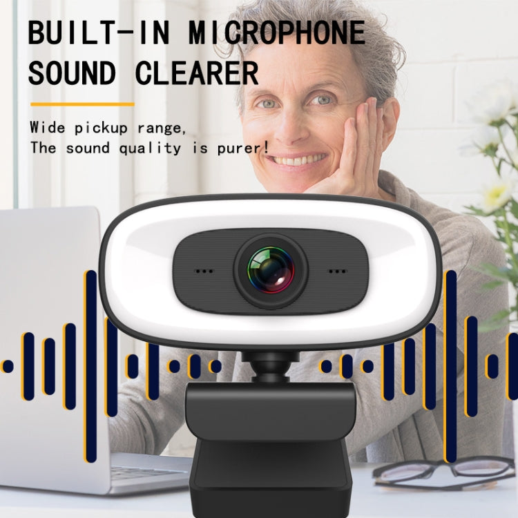 C10 2K HD Without Distortion 360 Degrees Rotate Three-speed Fill Light USB Free Drive Webcams, Built-in  Sound Clearer Microphone