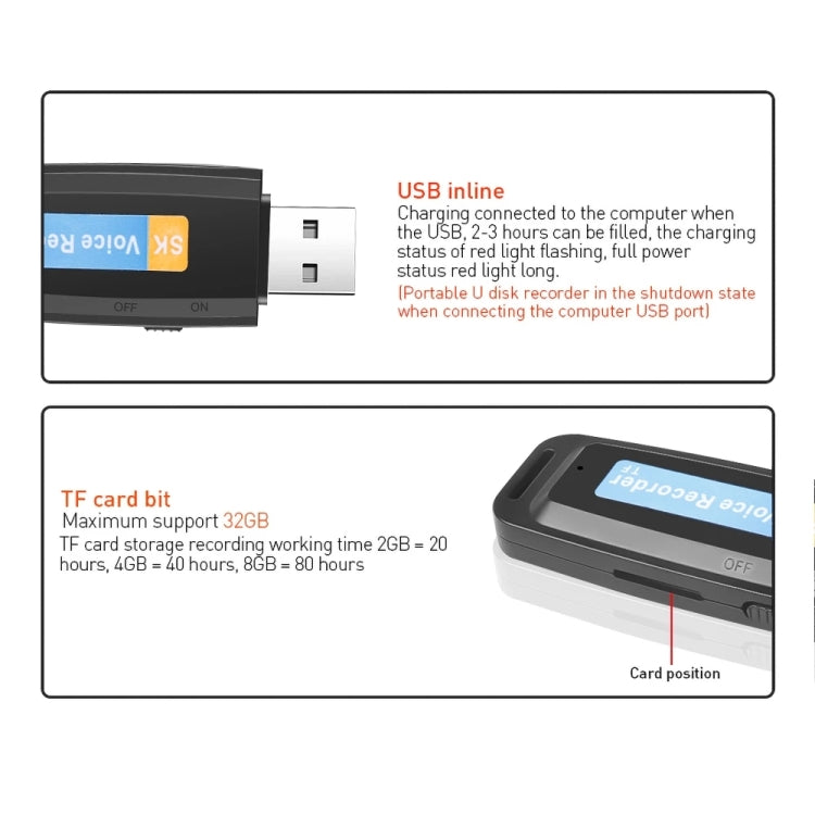 SK001 Professional Rechargeable U-Disk Portable USB Digital Audio Voice Recorder Pen Support TF Card