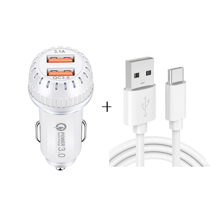 YSY-349 QC3.0 Dual Port USB Car Charger + 3A USB to USB-C / Type-C Data Cable, Length: 1m, with USB-C / Type-C Cable