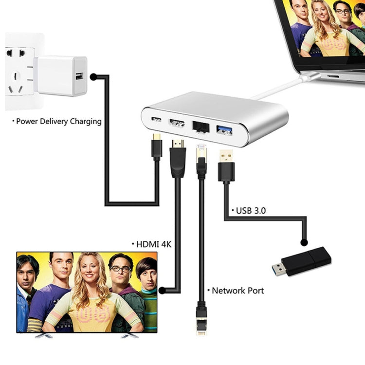 WS-07 Type-C 3.1 to RJ45 + HDMI + USB3.0 + PD 4-in-1 Converter Multifunctional Docking Station