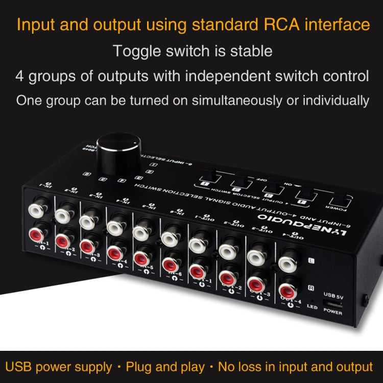 6 In 4 Out RCA Audio Switcher Signal Selector Distribute Device Switch Control