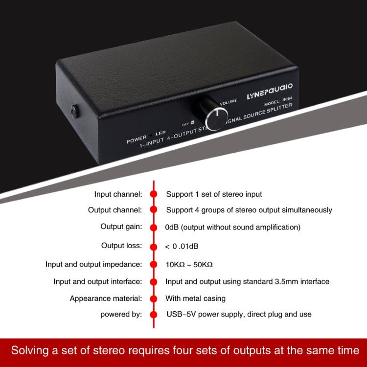 1 In 4 Out Audio Frequency Signal Splitter Distribute Device, Non Consumption, 3.5mm Interface Output