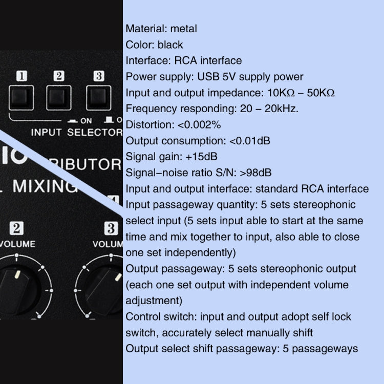 5 In 5 Out Audio Signal Selector Sound Mixing Distribute Device Input Independent Switch