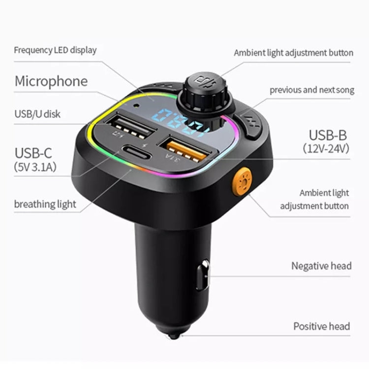 C28 Fast Charging Atmosphere Light Handsfree Car Kit Car Mp3 Player Stereo FM Transmitter