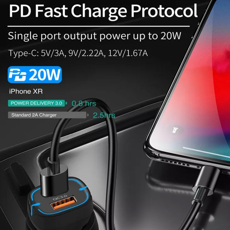 38W PD20W + QC3.0 USB Car Charger with USB to Type-C Data Cable, Length: 1m