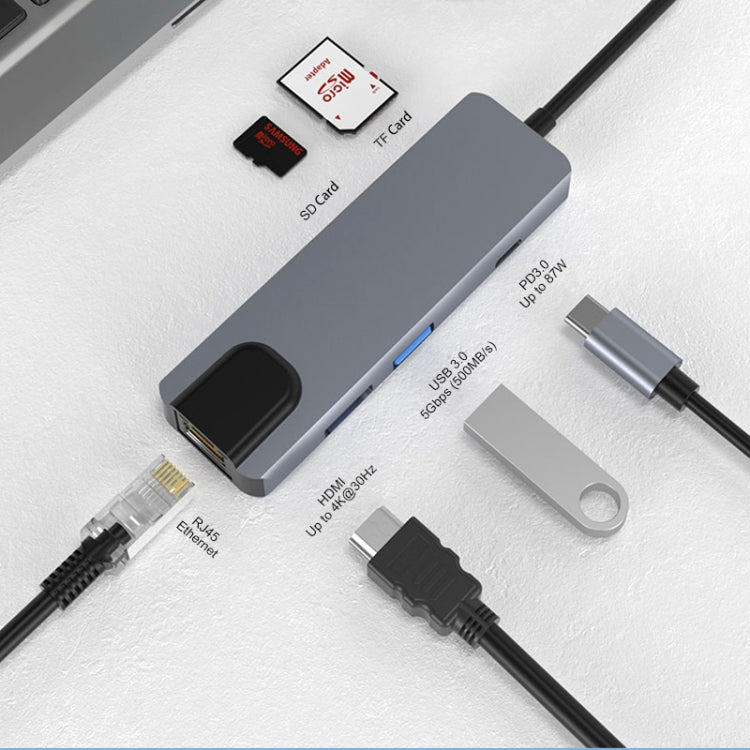 JUNSUNMAY 6 in 1 Type-C to 4K HDMI / Ethernet Docking Station Adapter PD Quick Charge Hub SD/TF Card Reader