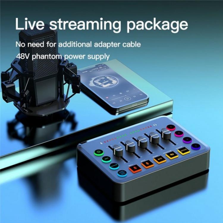 F9 48V Live Streaming Sound Card Audio Mixer Power Voice Changer with RGB Light