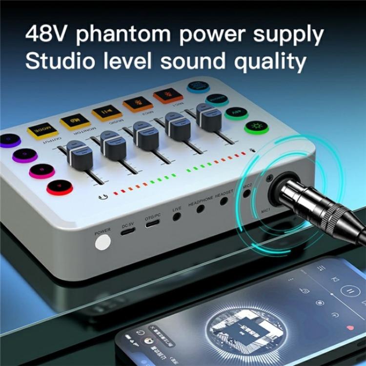 F9 48V Live Streaming Sound Card Audio Mixer Power Voice Changer with RGB Light