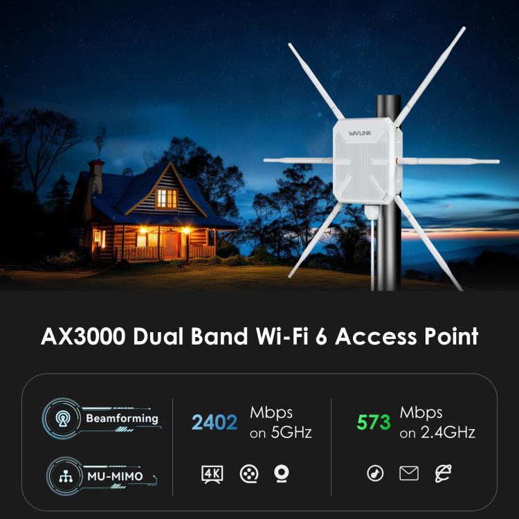 WAVLINK WN588HX3 AX3000 Outdoor WiFi Extender with 6 Antennas Dual Band WiFi Repeater, US Plug, UK Plug, EU Plug, AU Plug