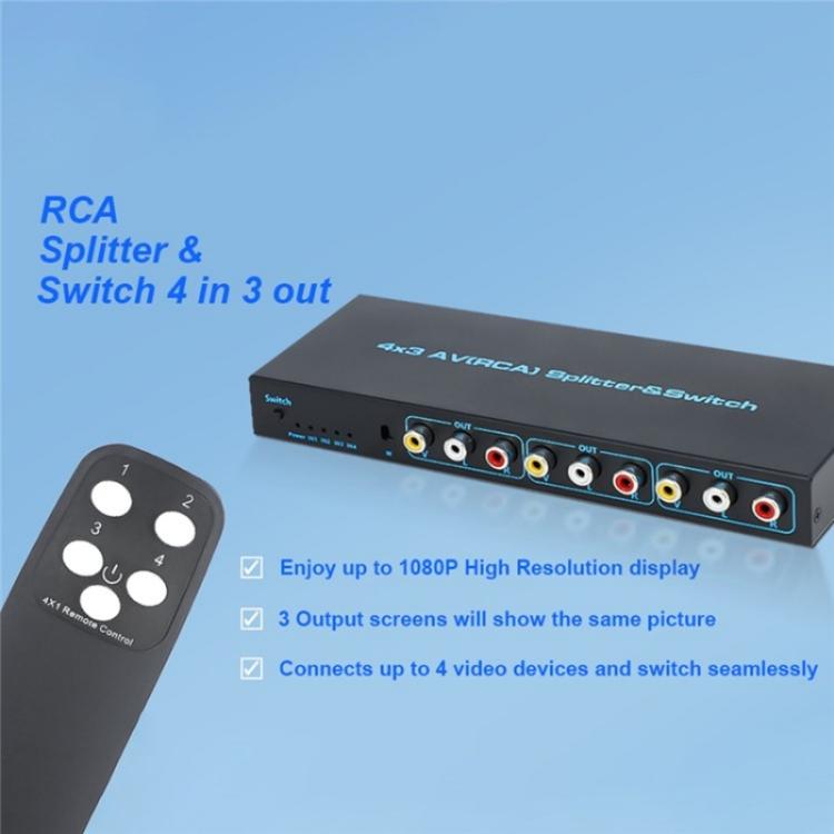 RCA 4 In 3 Out AV Audio Video Signal Composite Switcher AV Switch Splitter Box