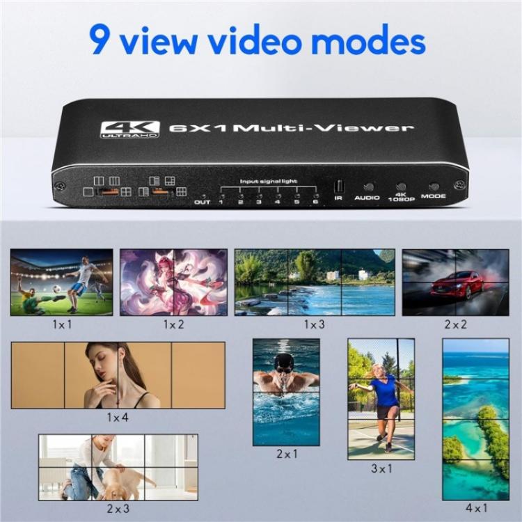 JQF2 4K Seamless Switcher Screen Splitter Multiple Display Modes 6 in 1 Out HDMI Multiviewer