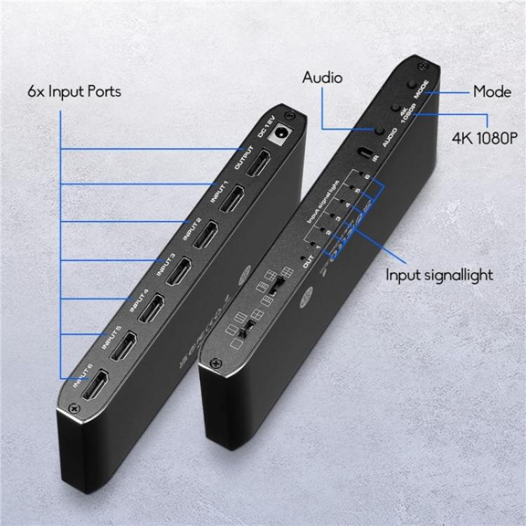 JQF2 4K Seamless Switcher Screen Splitter Multiple Display Modes 6 in 1 Out HDMI Multiviewer