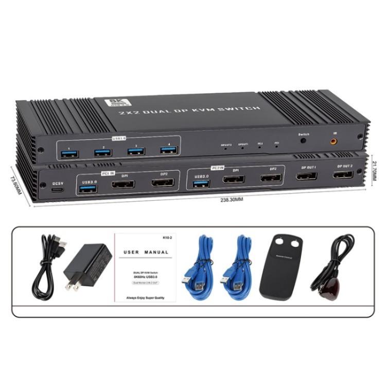 K10-2 For 2 Computers/Monitors USB 3.0 Dual DP Output 8K 60Hz 2x2 Version 2.1 KVM Switcher