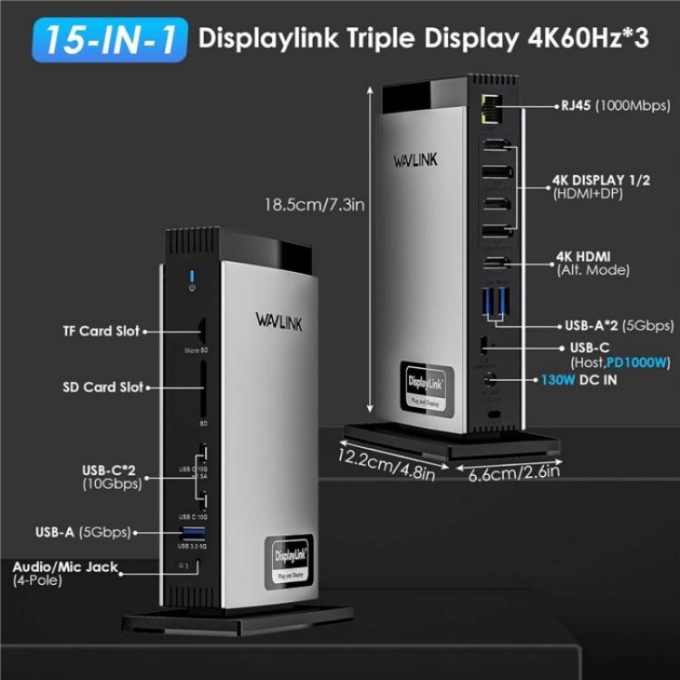 WAVLINK WL-UG69PD13Pro DisplayLink Docking Station 15 in 1 USB-C Hub for MacBook Laptop