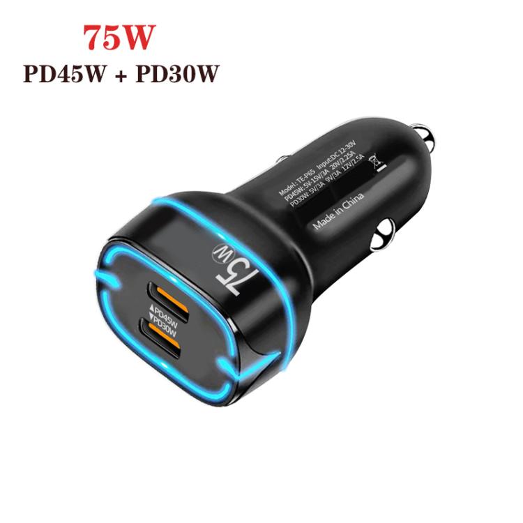 P65 PD45W + PD30W Dual Port Type-C Car Charger for iPhone / iPad Series