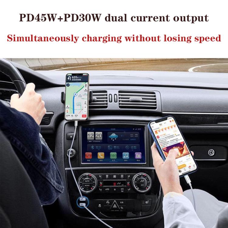 P65 PD45W + PD30W Dual Port Type-C Car Charger for iPhone / iPad Series