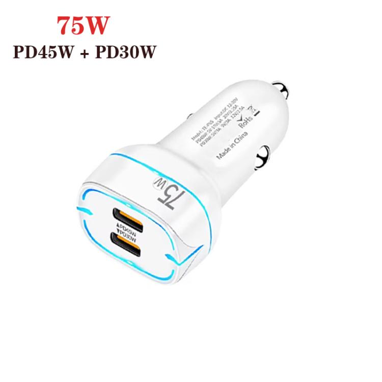P65 75W Dual Port USB-C / Type-C Car Charger with Type-C to Type-C / 8 Pin Data Cable