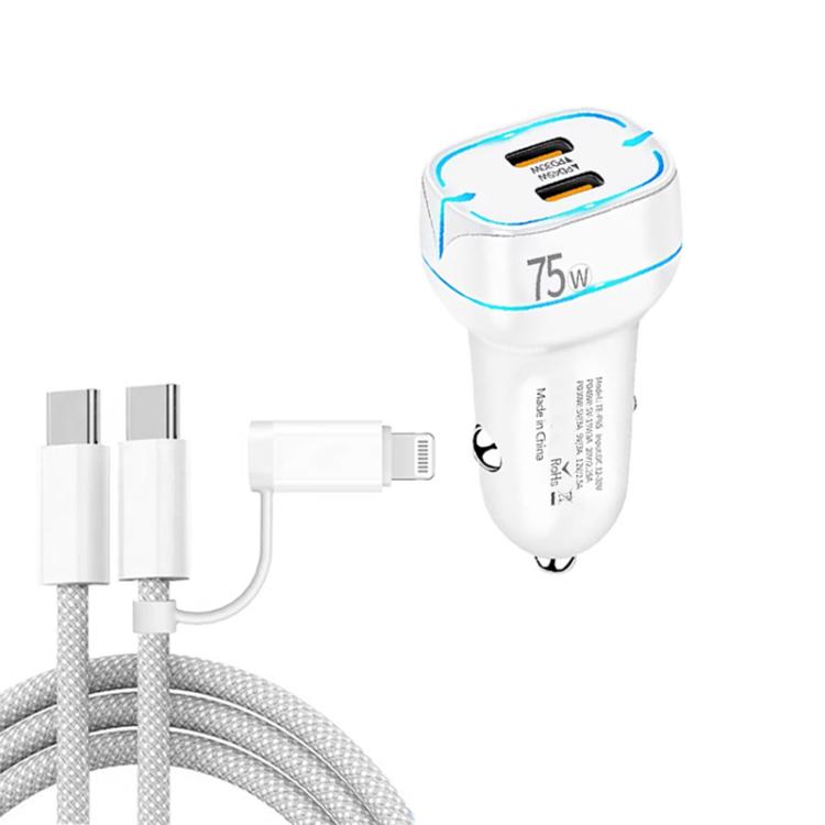 P65 75W Dual Port USB-C / Type-C Car Charger with Type-C to Type-C / 8 Pin Data Cable