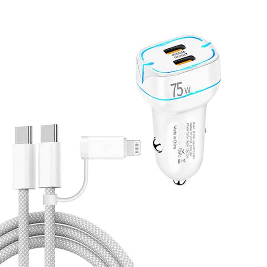 P65 75W Dual Port USB-C / Type-C Car Charger with Type-C to Type-C / 8 Pin Data Cable