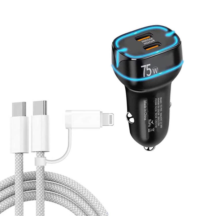 P65 75W Dual Port USB-C / Type-C Car Charger with Type-C to Type-C / 8 Pin Data Cable