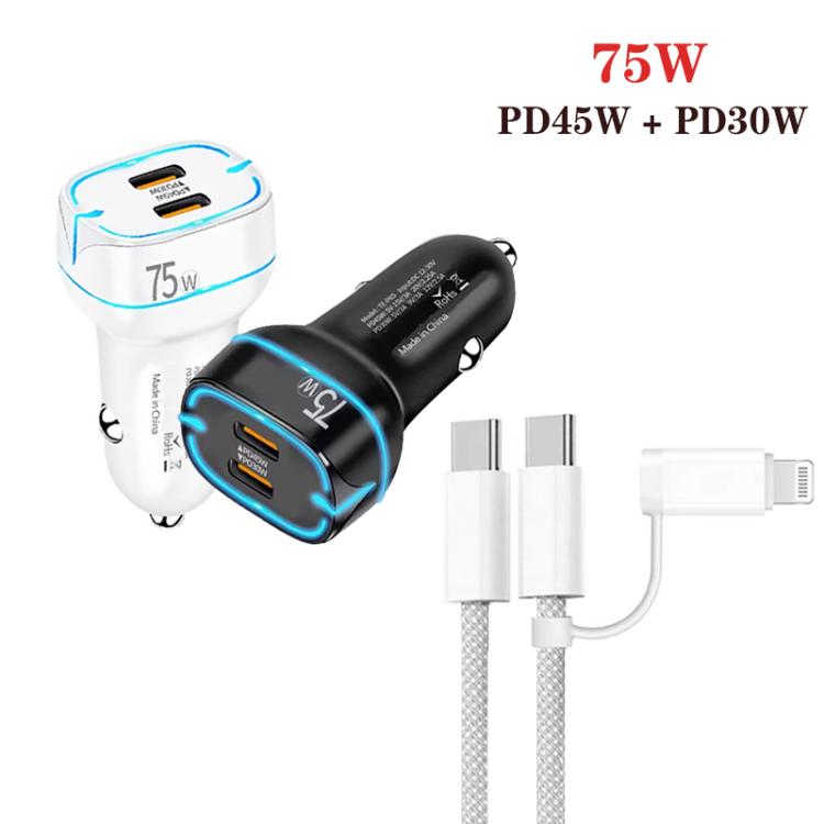 P65 75W Dual Port USB-C / Type-C Car Charger with Type-C to Type-C / 8 Pin Data Cable