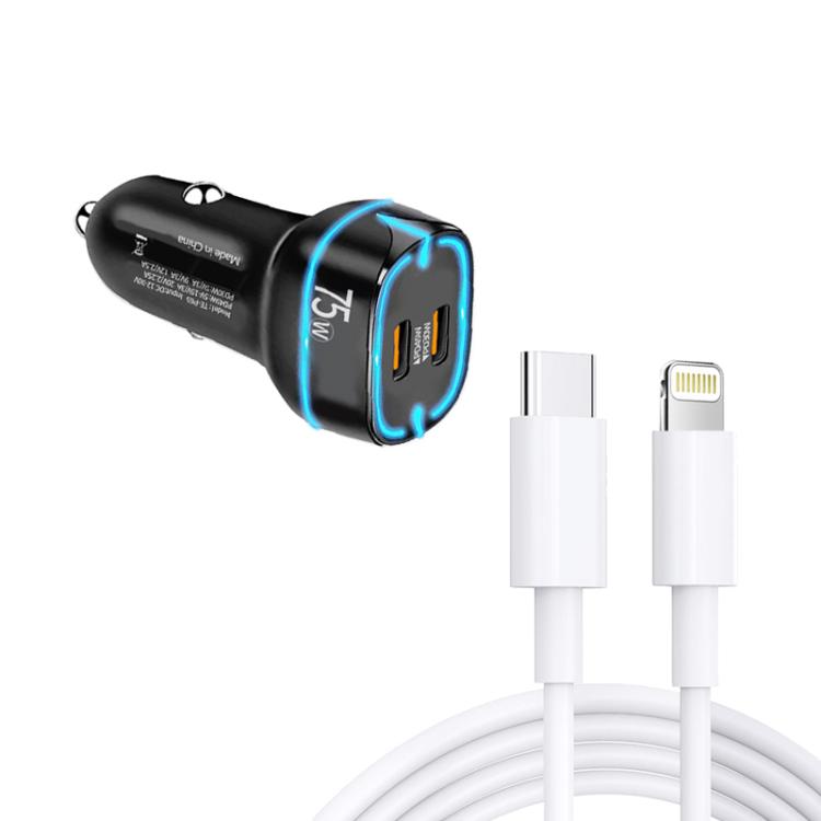 PD45W + PD30W Dual Port Type-C Car Charger with USB-C to 8 Pin Data Cable