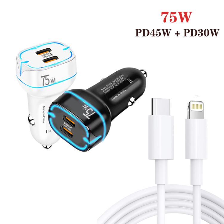 PD45W + PD30W Dual Port Type-C Car Charger with USB-C to 8 Pin Data Cable